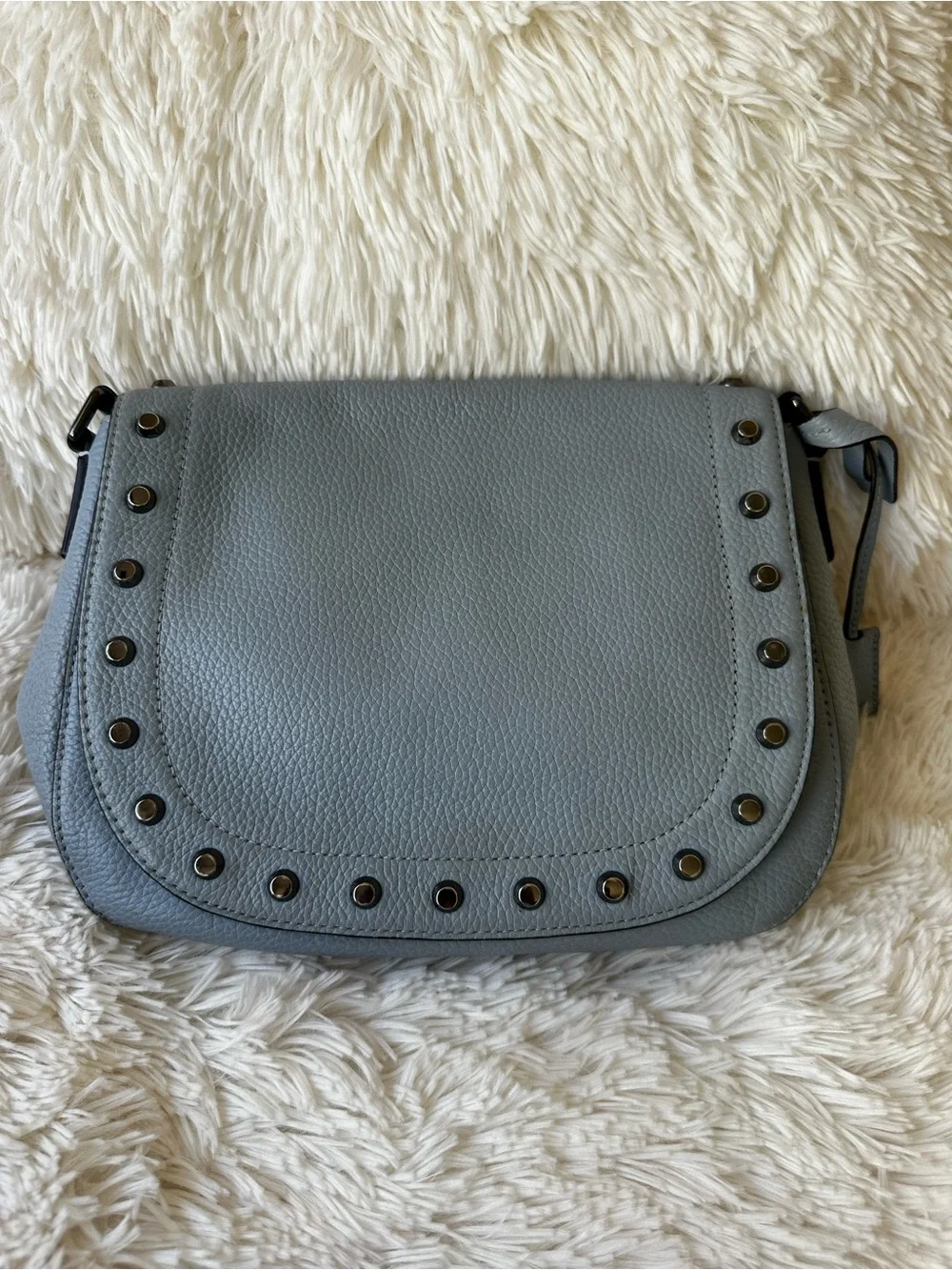 Michael Kors Blue Pebbled Leather Studded Saddle Crossbody Bag Messenger Purse